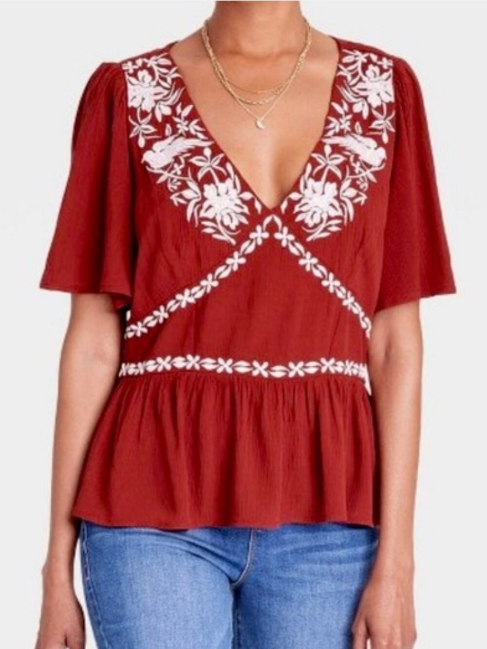 Knox Rose Rust V-Neck Embroidered Peplum Blouse Size M Boho